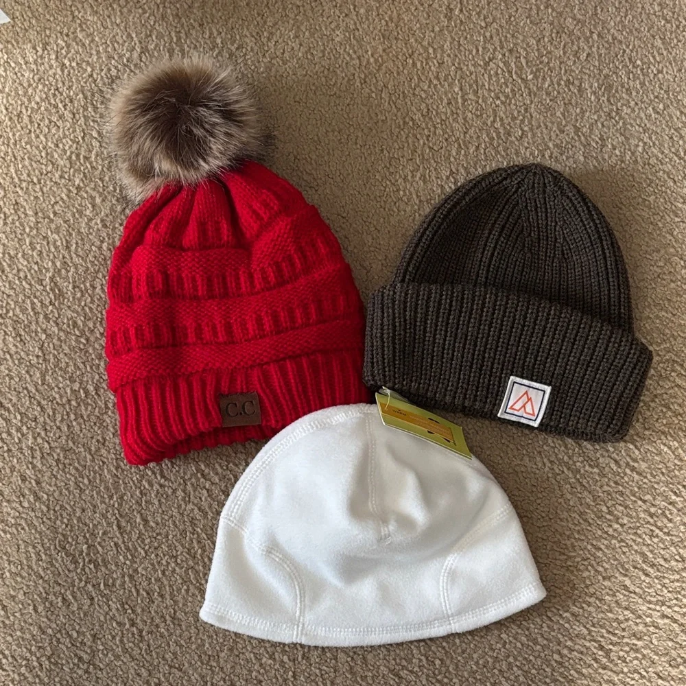 NWOT Beanie Bundle C.C Red Knit, Brown Alpine Design, & White All in Motion - Picture 1 of 13